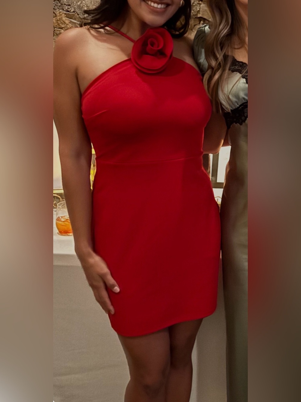 Halter Red Cocktail Dress with Floral Accent